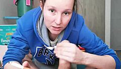 Brunette neighbor sucks cock in hoodie