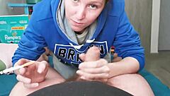 Brunette neighbor sucks cock in hoodie