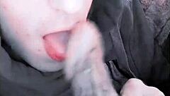 Beautiful tattooed cutie masters self-sucking autofellatio