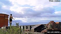 Petite brunette fingers her hairy pussy in abandoned car kink!