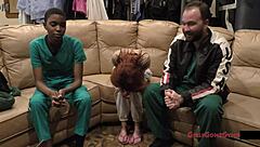 nurse stacy tests gloves on ebony gyno patient