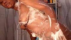 let's steam up my bathroom with ebony big ass shower dildo play!