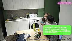 Chinese brunette rides hard cowgirl with intense doggystyle pounding