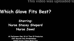 nurse stacy tests gloves on ebony gyno patient