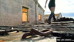 Petite brunette fingers her hairy pussy in abandoned car kink!