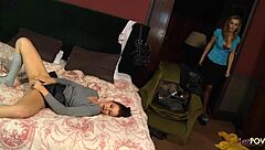 brunette milf catches lesbian masturbating and joins for wet 69