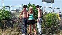 blonde teen gets public street gangbang orgy with two big cocks