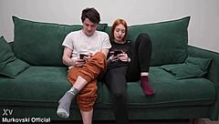 Cameraman producer threesome with skinny tattooed student doll post-filming