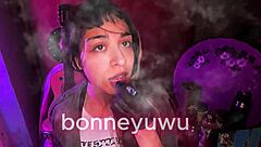 bonneyuwu cute petite bartender sucks dildo on bed