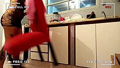 athletic latina caught fucking in kitchen wears fishnets for intense interracial session