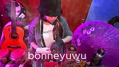 bonneyuwu cute petite bartender sucks dildo on bed
