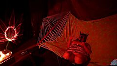 Chubby amateur fingers wet pussy moaning in tent hammock