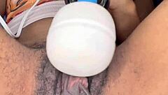 ebony slut teases hairy pussy to explosive edge