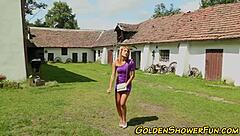 piss-drenched redhead takes massive cumshot in wild outdoor group scene