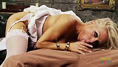 blonde milf's oral skills thrill sofa stud