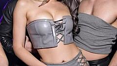 dirty office worker teases in leather skirt boots dancing outdoors publicly