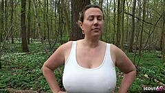 German Curvy Wife Risks Public Leggings Blowjob! Swallows Stranger's Cum!