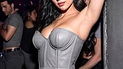 dirty office worker teases in leather skirt boots dancing outdoors publicly