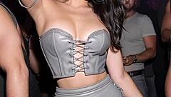 dirty office worker teases in leather skirt boots dancing outdoors publicly