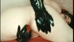 redhead vintage slut rams leather gloves up her ass