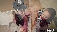 stepgrandma dee deepthroats huge cock bent over sofa on halloween