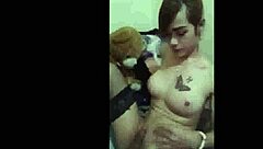 Ladyboy unloads massive cumshot explosion