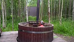 blonde bombshell rides monster cock in steamy outdoor bath