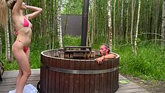 blonde bombshell rides monster cock in steamy outdoor bath