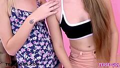 Blonde lesbians fuck passionately during steamy photoshoot interview