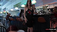 Sneaky Waitress Rides Cowgirl Hard Then Doggystyle Till Caught