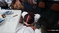 Sneaky Waitress Rides Cowgirl Hard Then Doggystyle Till Caught