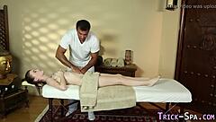 adorable teen throats old man's cock during oily massage