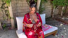 pregnant ebony medusa oils up her curvy ass and tits