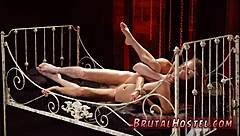 Teen strips clothes for bound brunette masturbation show