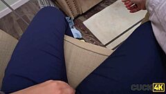 shy russian wife cheats boldly on sofa as husband watches