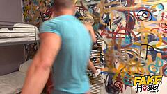 Tiny blonde teen fucked hard by two backpackers in hostel threesome