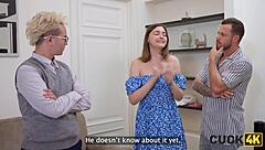 shy russian wife cheats boldly on sofa as husband watches