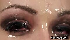 wacky babe swallows bukkake facial jizz load after wild cumswap blowbang frenzy