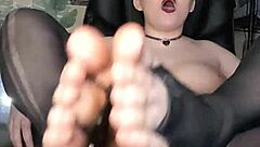 Big dildo footjob in torn pantyhose toes socks fetish