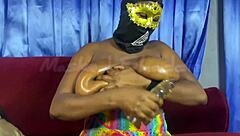 curvy masked babe oils big tits puffy nipples