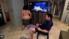 bbw brunette strips teasing then sucks white guy's big cock hungrily