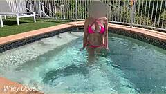 Wife flashes massive natural tits publicly at hotel pool for thrill