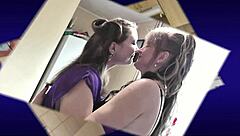 Mature Milf and Cute Young Girl's Bisexual Kitchen Threesome Kiss