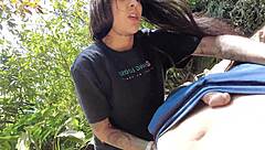 Tattooed Hottie Sucks and Fucks Outdoors with Great Anal Action