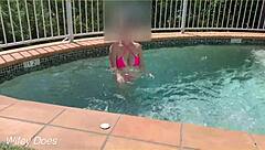 Wife flashes massive natural tits publicly at hotel pool for thrill
