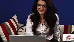 stockinged classy english lady gives voyeur jerk off instructions humiliation on sofa