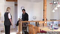 german blonde milf housewife fucks wildly in kitchen with glasses