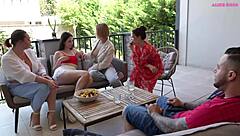 Hot milf and cute teen publicly fucked doggystyle by italian huge cock on patio with muff diving