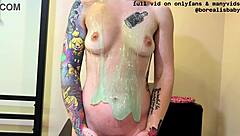 nerdy tattooed babe slimes gooey mess on tits 😏💦