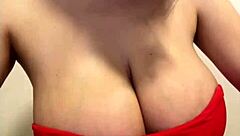 huge milky tits bounce in red dress